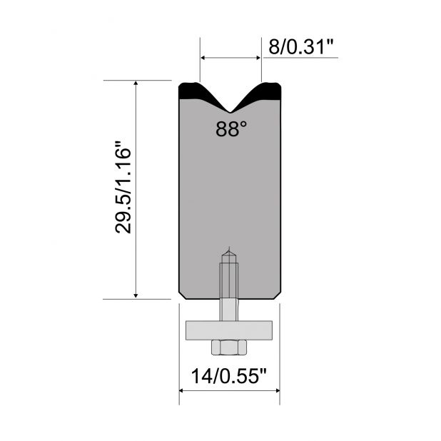 1-V Matrijs Centrisch R1 A Eurostyle type met hoogte=30mm, α=88°, Radius=1,5mm, Gereedschapsstaal=C45, Max.