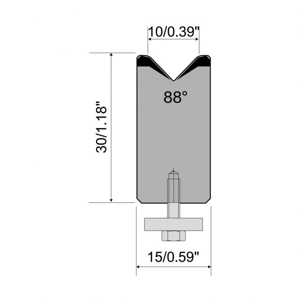 1-V Matrijs Centrisch R1 A Eurostyle type met hoogte=30mm, α=88°, Radius=2mm, Gereedschapsstaal=C45, Max. ca