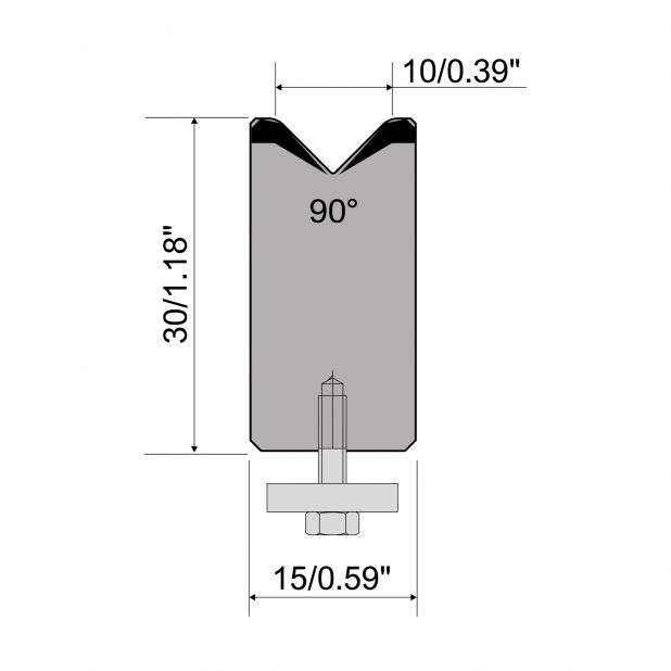 1-V Matrijs Centrisch R1 A Eurostyle type met hoogte=30mm, α=90°, Radius=2mm, Gereedschapsstaal=C45, Max. ca