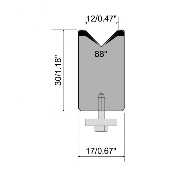 1-V Matrijs Centrisch R1 A Eurostyle type met hoogte=30mm, α=88°, Radius=2,5mm, Gereedschapsstaal=C45, Max.