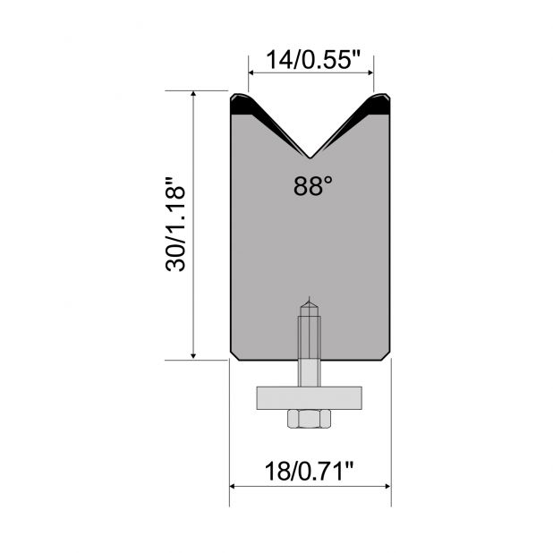 1-V Matrijs Centrisch R1 A Eurostyle type met hoogte=30mm, α=88°, Radius=2,5mm, Gereedschapsstaal=C45, Max.