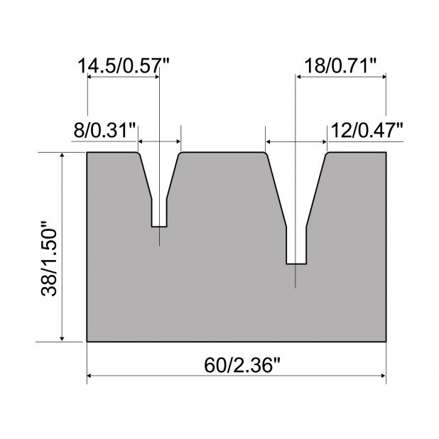 Centrerende 2-V matrijs R1 Eurostyle type A series met hoogte 38mm, Materiaal=42Cr, Max. capaciteit=300kN/m.