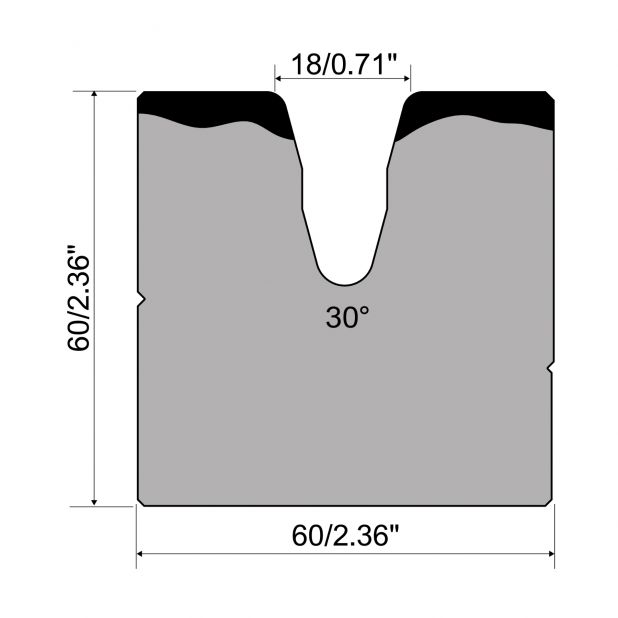 1-V Matrijs R1 A Eurostyle type met hoogte=60mm, α=30°, Radius=3mm, Gereedschapsstaal=C45, Max. capaciteit=8