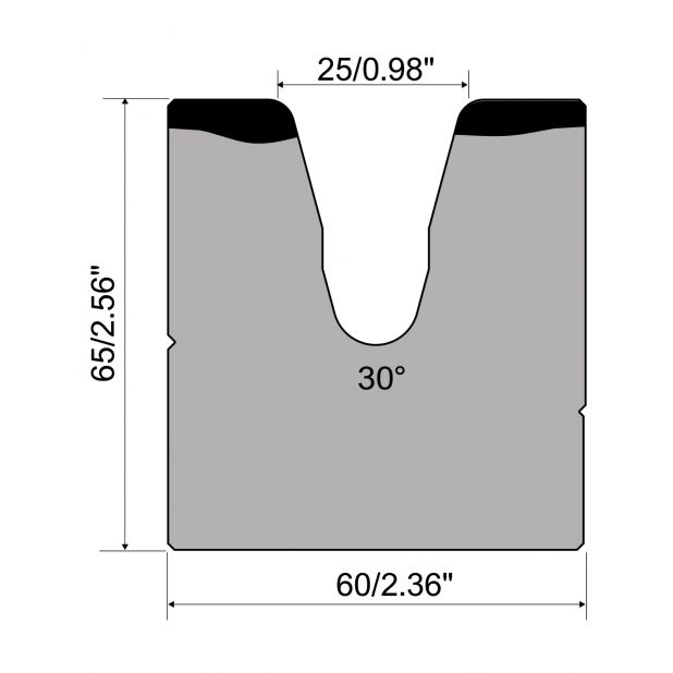 1-V Matrijs R1 A Eurostyle type met hoogte=65mm, α=30°, Radius=4mm, Gereedschapsstaal=C45, Max. capaciteit=6