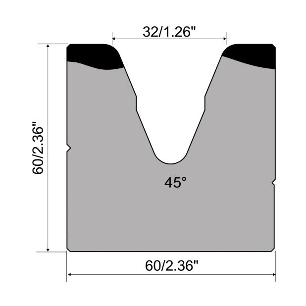 1-V Matrijs R1 A Eurostyle type met hoogte=60mm, α=45°, Radius=5mm, Gereedschapsstaal=C45, Max. capaciteit=4