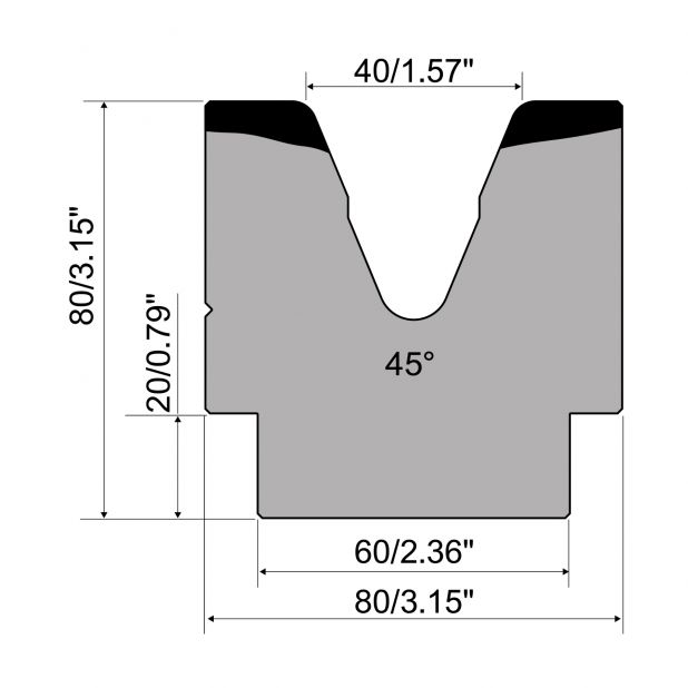 1-V Matrijs R1 A Eurostyle type met hoogte=80mm, α=45°, Radius=5mm, Gereedschapsstaal=C45, Max. capaciteit=7