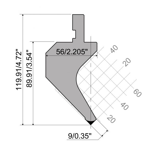 Bovengereedschap R1 A Eurostyle type met werkhoogte=89,91mm, α=88°, Radius=0,2mm, Gereedschapsstaal=42Cr, Ma