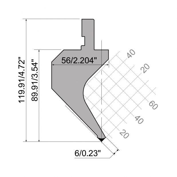 Bovengereedschap R1 A Eurostyle type met werkhoogte=89,91mm, α=88°, Radius=0,2mm, Gereedschapsstaal=42Cr, Ma