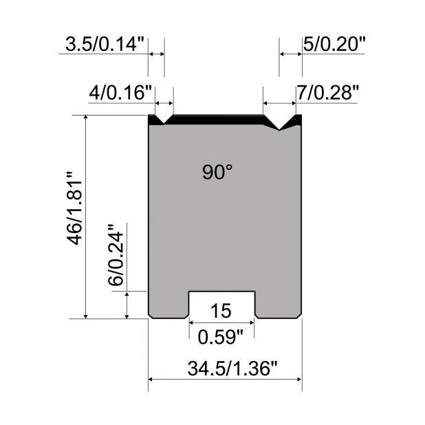 2-V Matrijs Centrisch R1 Eurostyle type met hoogte=46mm, α=90°, Radius=0.3/0.5mm, Gereedschapsstaal=C45, Max