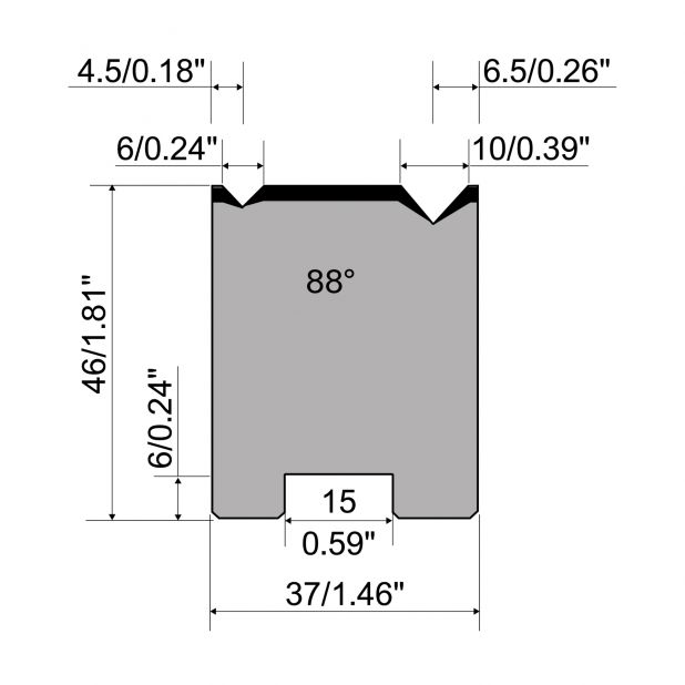 2-V Matrijs Centrisch R1 Eurostyle type met hoogte=46mm, α=88°, Radius=0.4/0.6mm, Gereedschapsstaal=C45, Max