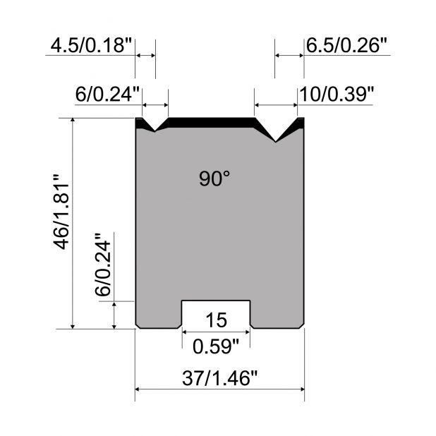 2-V Matrijs Centrisch R1 Eurostyle type met hoogte=46mm, α=90°, Radius=0.4/0.6mm, Gereedschapsstaal=C45, Max