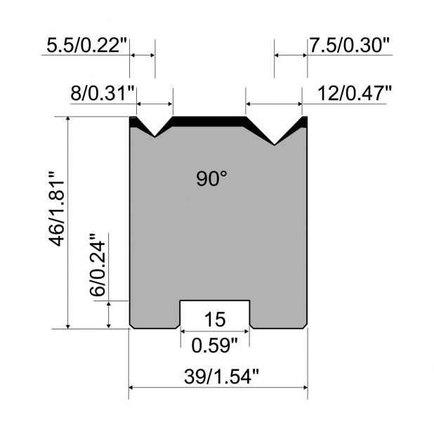2-V Matrijs Centrisch R1 Eurostyle type met hoogte=46mm, α=90°, Radius=0.5/0.8mm, Gereedschapsstaal=C45, Max