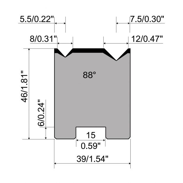 2-V Matrijs Centrisch R1 Eurostyle type met hoogte=46mm, α=88°, Radius=0.5/0.8mm, Gereedschapsstaal=C45, Max