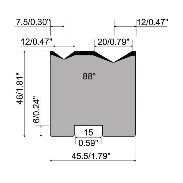 2-V Matrijs Centrisch R1 Eurostyle type met hoogte=46mm, α=88°, Radius=0.8/1.75mm, Gereedschapsstaal=C45, Ma