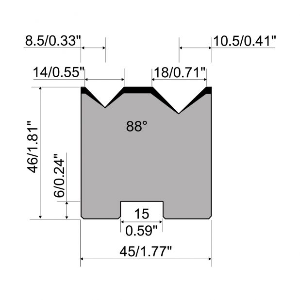 2-V Matrijs Centrisch R1 Eurostyle type met hoogte=46mm, α=88°, Radius=1.25/1.5mm, Gereedschapsstaal=C45, Ma