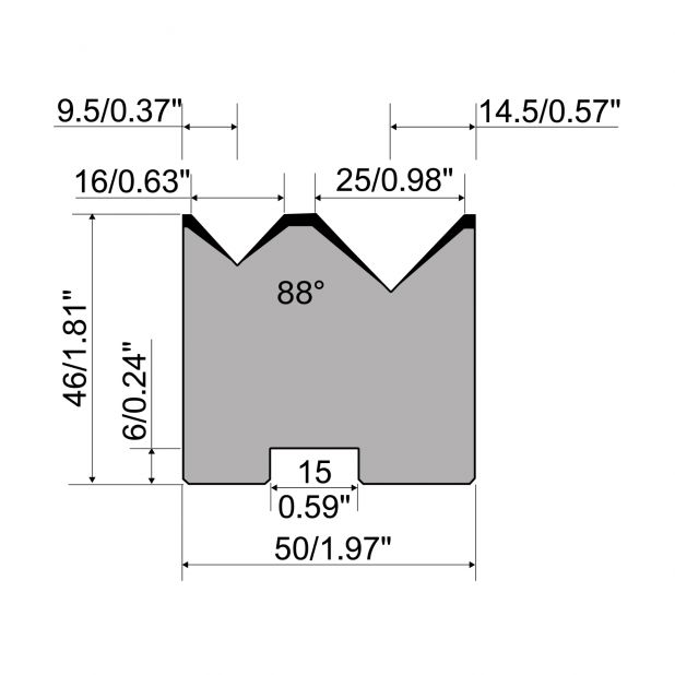 2-V Matrijs Centrisch R1 Eurostyle type met hoogte=46mm, α=88°, Radius=1.5/1.75mm, Gereedschapsstaal=C45, Ma