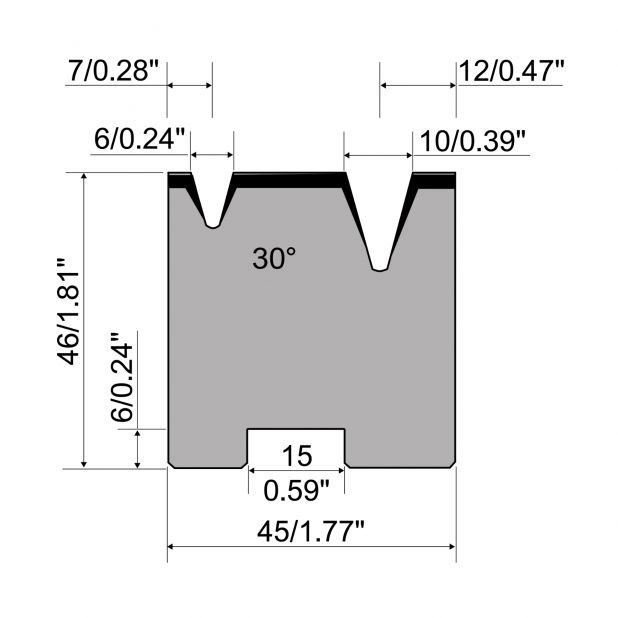 2-V Matrijs Centrisch R1 Eurostyle type met hoogte=46mm, α=30°, Radius=0.6/1mm, Gereedschapsstaal=C45, Max.