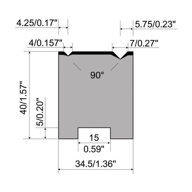 2-V Matrijs Centrisch R1 A Eurostyle type met hoogte=40mm, α=90°, Radius=0,4mm, Gereedschapsstaal=C45, Max.