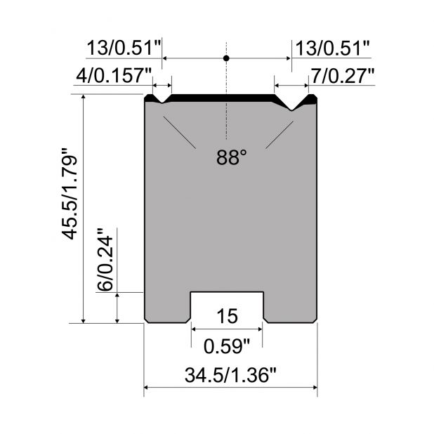 2-V Matrijs Centrisch R1 A Eurostyle type met hoogte=45,5mm, α=88°, Radius=0,4mm, Gereedschapsstaal=C45, Max