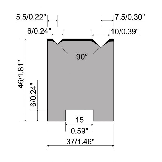 2-V Matrijs Centrisch R1 A Eurostyle type met hoogte=46mm, α=90°, Radius=0.4/0.6mm, Gereedschapsstaal=C45, M