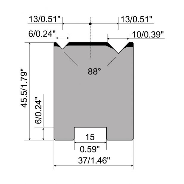 2-V Matrijs Centrisch R1 A Eurostyle type met hoogte=45,5mm, α=88°, Radius=0.4/0.6mm, Gereedschapsstaal=C45,