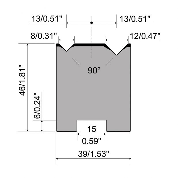 2-V Matrijs Centrisch R1 A Eurostyle type met hoogte=46mm, α=90°, Radius=0.5/0.8mm, Gereedschapsstaal=C45, M