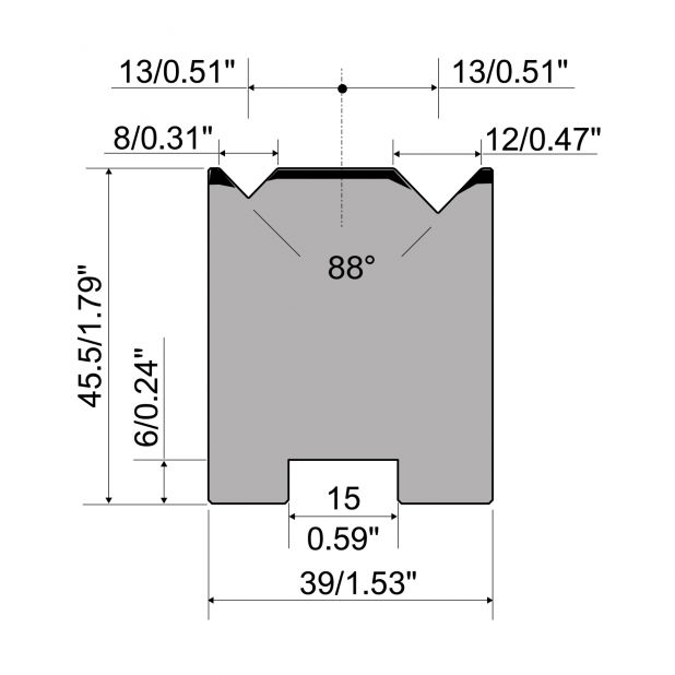 2-V Matrijs Centrisch R1 A Eurostyle type met hoogte=45,5mm, α=88°, Radius=0.5/0.8mm, Gereedschapsstaal=C45,