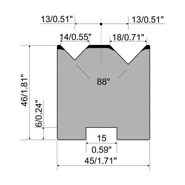 2-V Matrijs Centrisch R1 A Eurostyle type met hoogte=46mm, α=88°, Radius=0,5mm, Gereedschapsstaal=C45, Max.