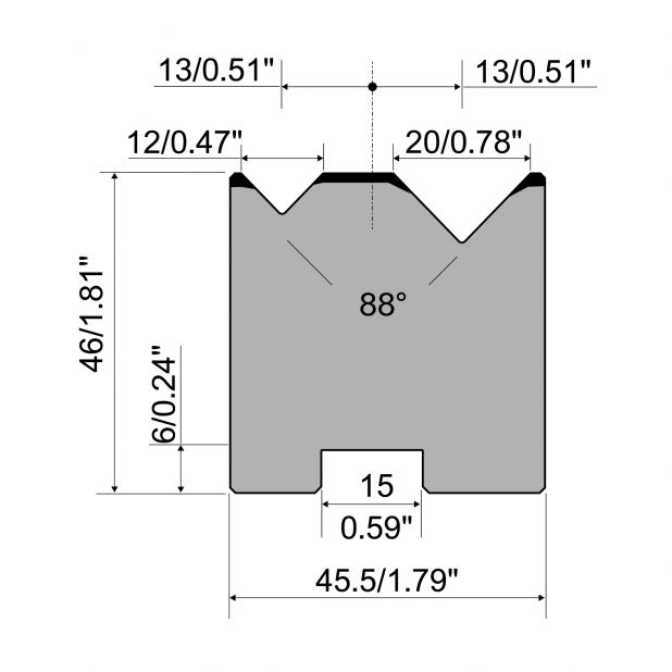 2-V Matrijs Centrisch R1 A Eurostyle type met hoogte=46mm, α=88°, Radius=0,5mm, Gereedschapsstaal=C45, Max.