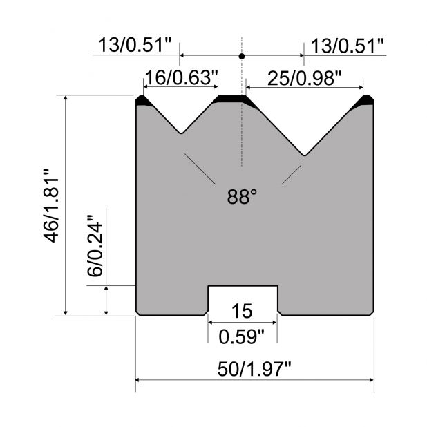 2-V Matrijs Centrisch R1 A Eurostyle type met hoogte=46mm, α=88°, Radius=0,8mm, Gereedschapsstaal=C45, Max.