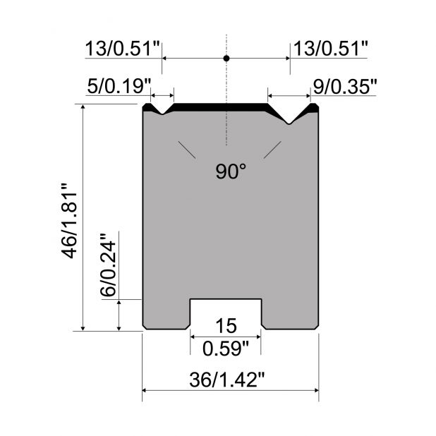 2-V Matrijs Centrisch R1 A Eurostyle type met hoogte=46mm, α=90°, Radius=0.4/0.6mm, Gereedschapsstaal=C45, M