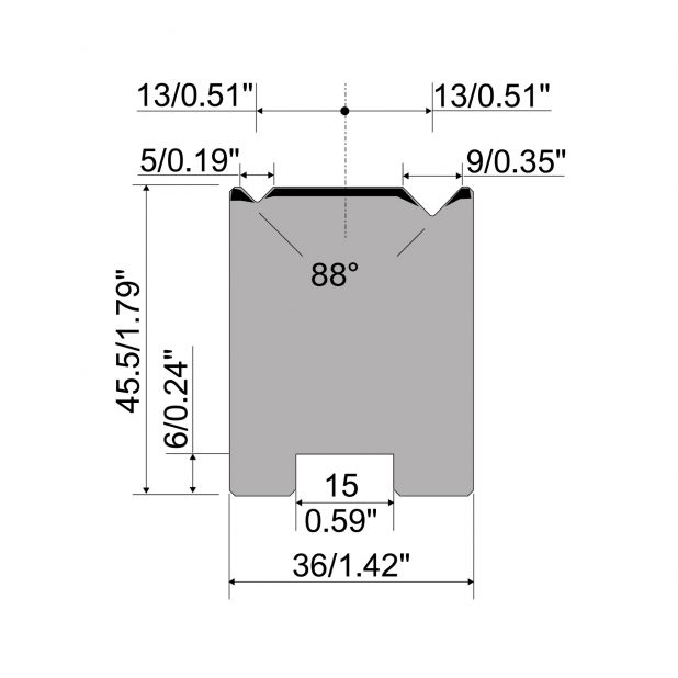 2-V Matrijs Centrisch R1 A Eurostyle type met hoogte=45,5mm, α=88°, Radius=0.4/0.6mm, Gereedschapsstaal=C45,