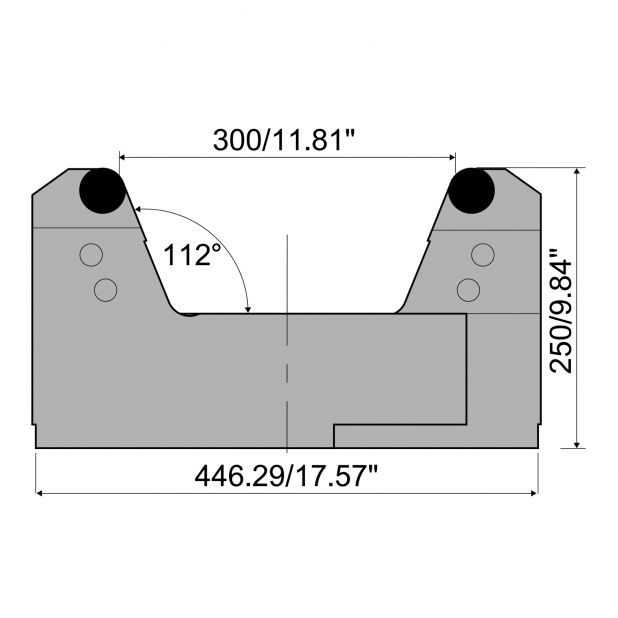 Verstelbare matrijs met V-opening min. 120 mm en V max. 300 mm. Radius = 20 mm. Max. capaciteit 4000 kN/m at 9