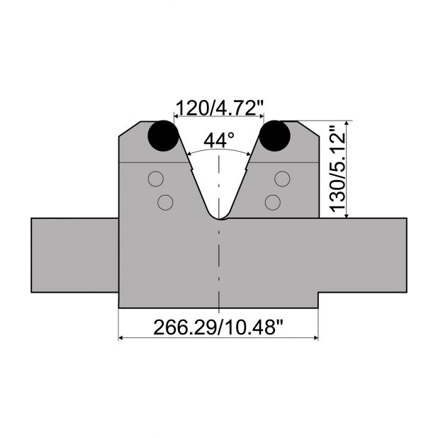 Verstelbare matrijs met V-opening min. 120 mm en V max. 300 mm. Radius = 20 mm. Max. capaciteit 4000 kN/m at 9