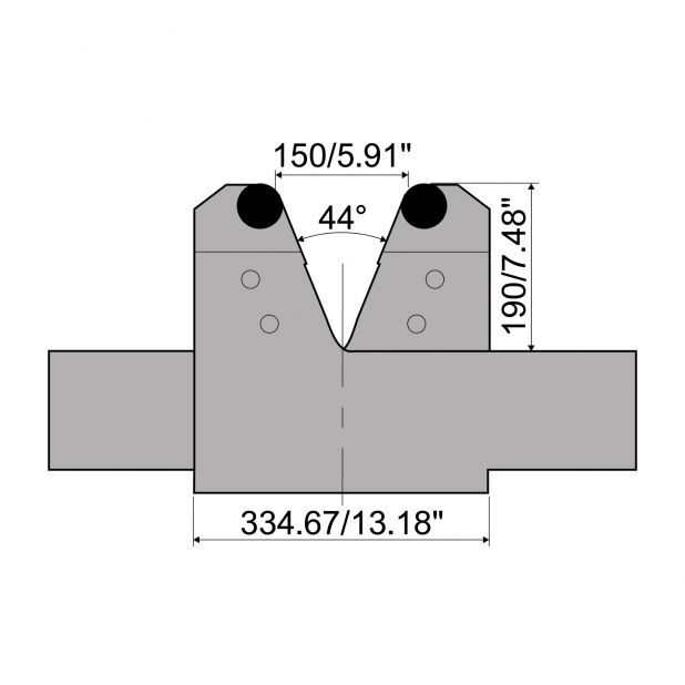 Verstelbare matrijs met V-opening min. 150 mm en V max. 400 mm. Radius = 25 mm. Max. capaciteit 6000 kN/m at 9