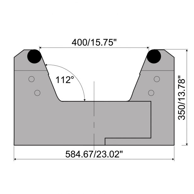 Verstelbare matrijs met V-opening min. 150 mm en V max. 400 mm. Radius = 25 mm. Max. capaciteit 6000 kN/m at 9