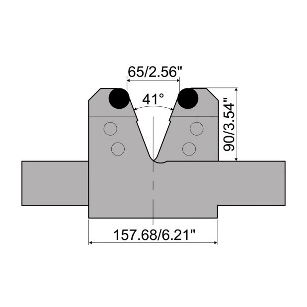 Verstelbare matrijs met V-opening min. 65 mm en V max. 185 mm. Radius = 12,5 mm. Max. capaciteit 2000 kN/m at