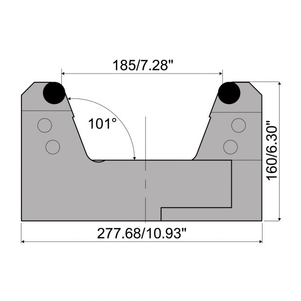 Verstelbare matrijs met V-opening min. 65 mm en V max. 185 mm. Radius = 12,5 mm. Max. capaciteit 2000 kN/m at