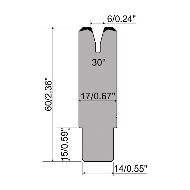 1-V Matrijs R1 CFH type met werkhoogte=60mm, α=30°, Radius=1mm, Gereedschapsstaal=42Cr, Max. capaciteit=300k