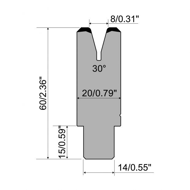 1-V Matrijs R1 CFH type met werkhoogte=60mm, α=30°, Radius=1,5mm, Gereedschapsstaal=42Cr, Max. capaciteit=35