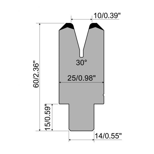 1-V Matrijs R1 CFH type met werkhoogte=60mm, α=30°, Radius=2mm, Gereedschapsstaal=42Cr, Max. capaciteit=350k