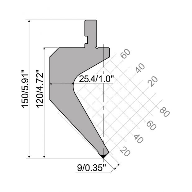 Bovengereedschap R1 CFH Eurostyle type met werkhoogte=120mm, α=86°, Radius=0,2mm, Gereedschapsstaal=42Cr, Ma