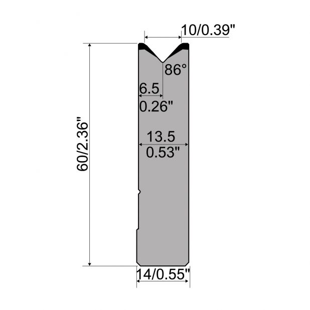 1-V Matrijs R1 CFH type met werkhoogte=60mm, α=86°, Radius=2mm, Gereedschapsstaal=42Cr, Max. capaciteit=1000