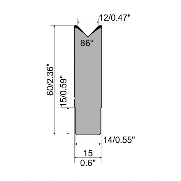 1-V Matrijs R1 CFH type met werkhoogte=60mm, α=86°, Radius=2,5mm, Gereedschapsstaal=42Cr, Max. capaciteit=65