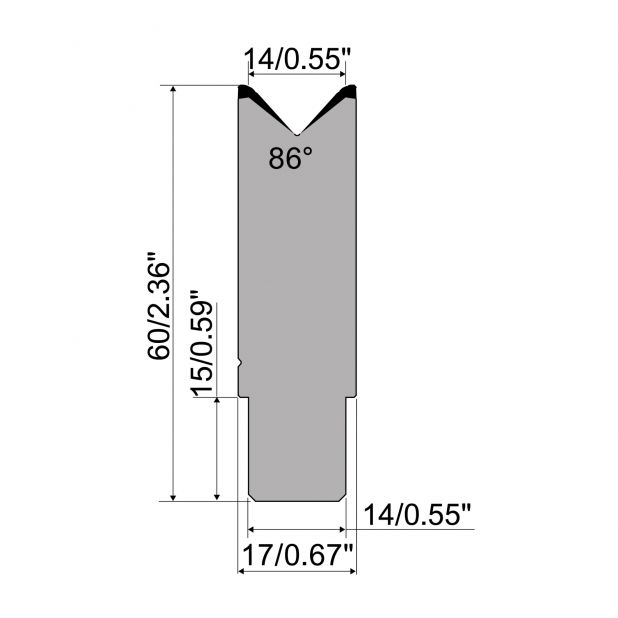 1-V Matrijs R1 CFH type met werkhoogte=60mm, α=86°, Radius=2,5mm, Gereedschapsstaal=42Cr, Max. capaciteit=10