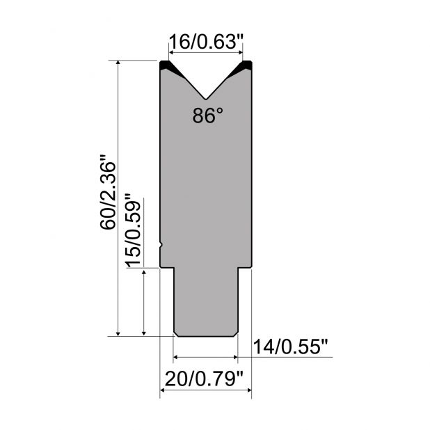 1-V Matrijs R1 CFH type met werkhoogte=60mm, α=86°, Radius=2,5mm, Gereedschapsstaal=42Cr, Max. capaciteit=10