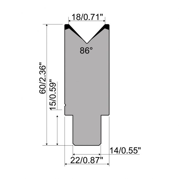 1-V Matrijs R1 CFH type met werkhoogte=60mm, α=86°, Radius=2,5mm, Gereedschapsstaal=42Cr, Max. capaciteit=10