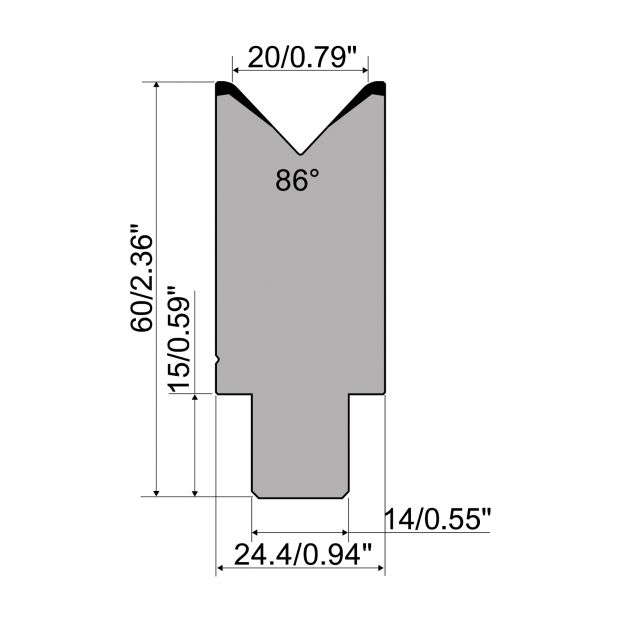 1-V Matrijs R1 CFH type met werkhoogte=60mm, α=86°, Radius=3mm, Gereedschapsstaal=42Cr, Max. capaciteit=1000