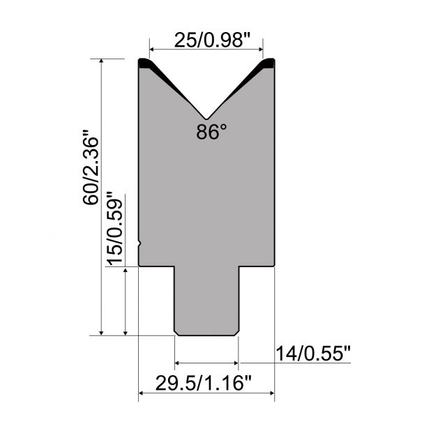 1-V Matrijs R1 CFH type met werkhoogte=60mm, α=86°, Radius=3mm, Gereedschapsstaal=42Cr, Max. capaciteit=1000