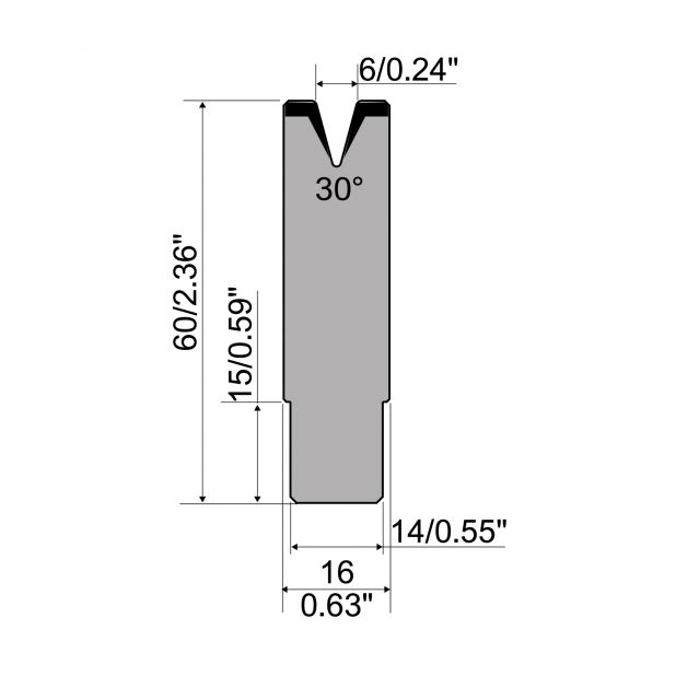 1-V Matrijs Centrisch R1 Eurostyle type met hoogte=60mm, α=30°, Radius=0,6mm, Gereedschapsstaal=C45, Max. ca